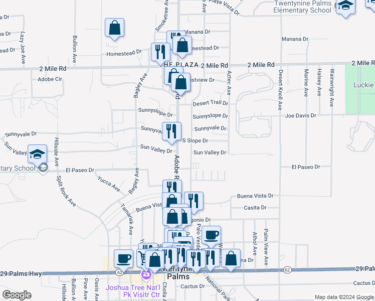 map of restaurants, bars, coffee shops, grocery stores, and more near 6010 Ocotillo Avenue in Twentynine Palms