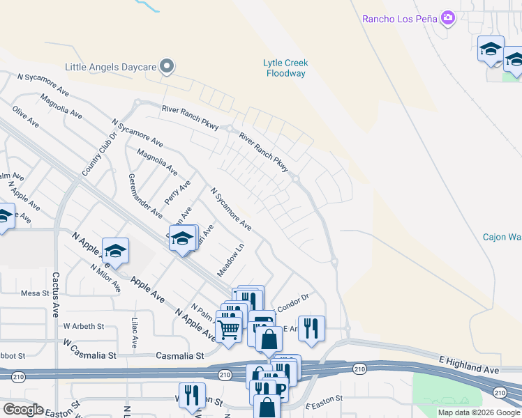 map of restaurants, bars, coffee shops, grocery stores, and more near 2423 North Sycamore Avenue in Rialto