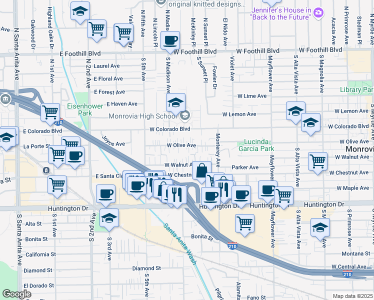 map of restaurants, bars, coffee shops, grocery stores, and more near 836 West Olive Avenue in Monrovia