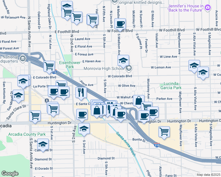 map of restaurants, bars, coffee shops, grocery stores, and more near 940 West Olive Avenue in Monrovia