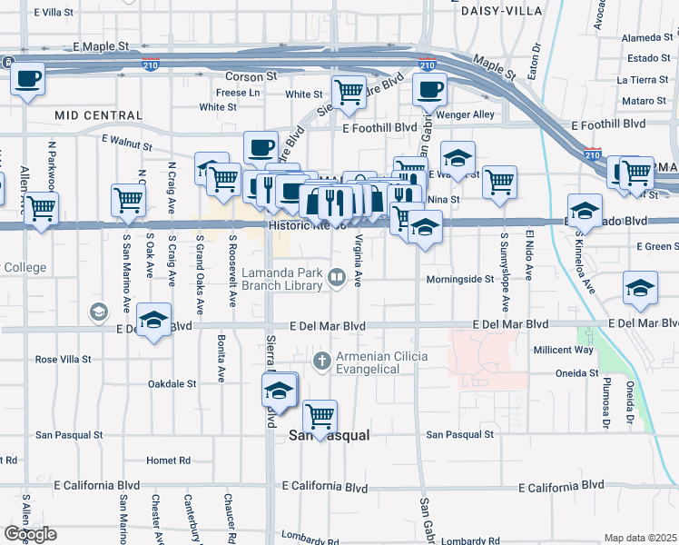 map of restaurants, bars, coffee shops, grocery stores, and more near 79 Virginia Avenue in Pasadena