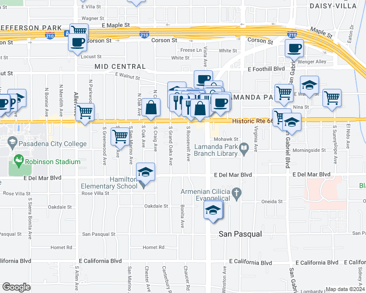 map of restaurants, bars, coffee shops, grocery stores, and more near 95 South Roosevelt Avenue in Pasadena