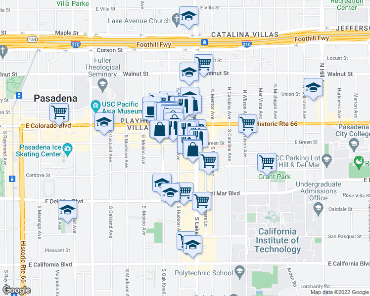 map of restaurants, bars, coffee shops, grocery stores, and more near 790 East Green Street in Pasadena