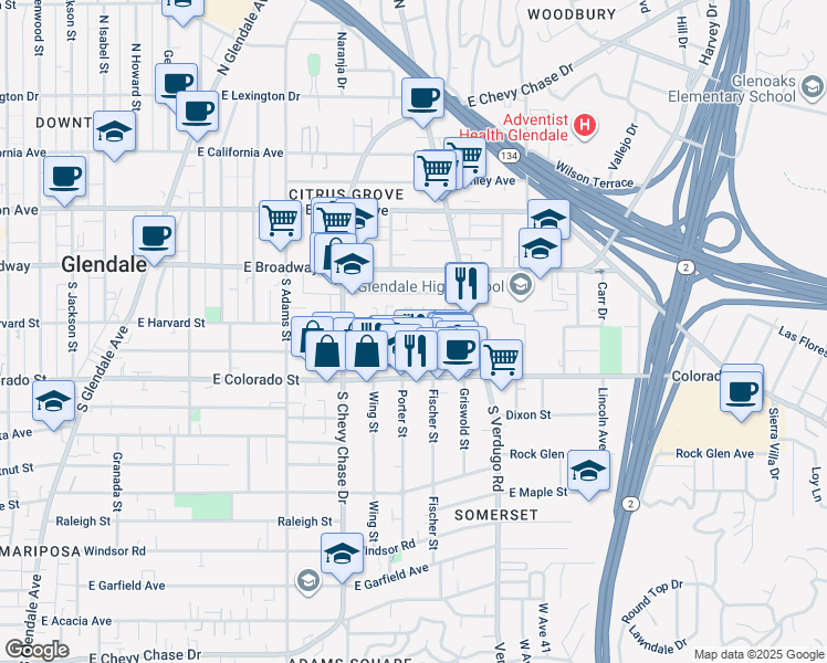 map of restaurants, bars, coffee shops, grocery stores, and more near 1305 East Harvard Street in Glendale