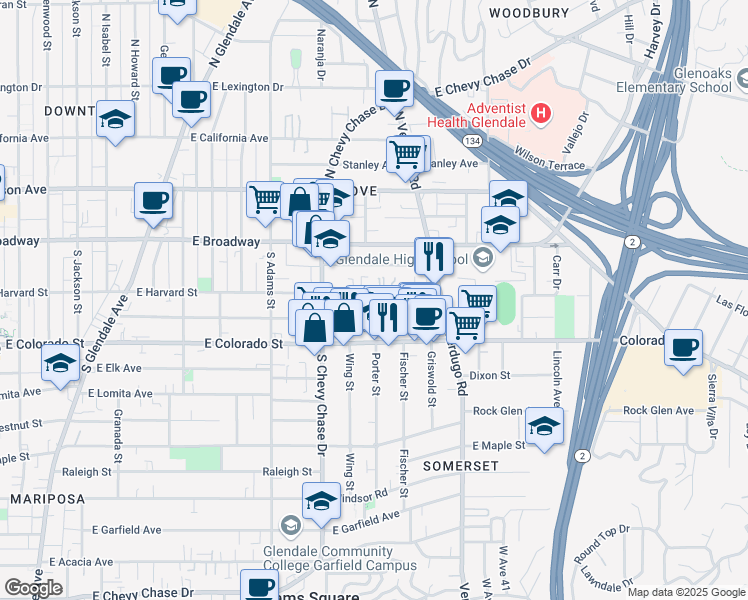 map of restaurants, bars, coffee shops, grocery stores, and more near 1305 East Harvard Street in Glendale