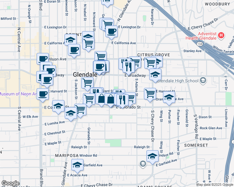 map of restaurants, bars, coffee shops, grocery stores, and more near 809 East Harvard Street in Glendale