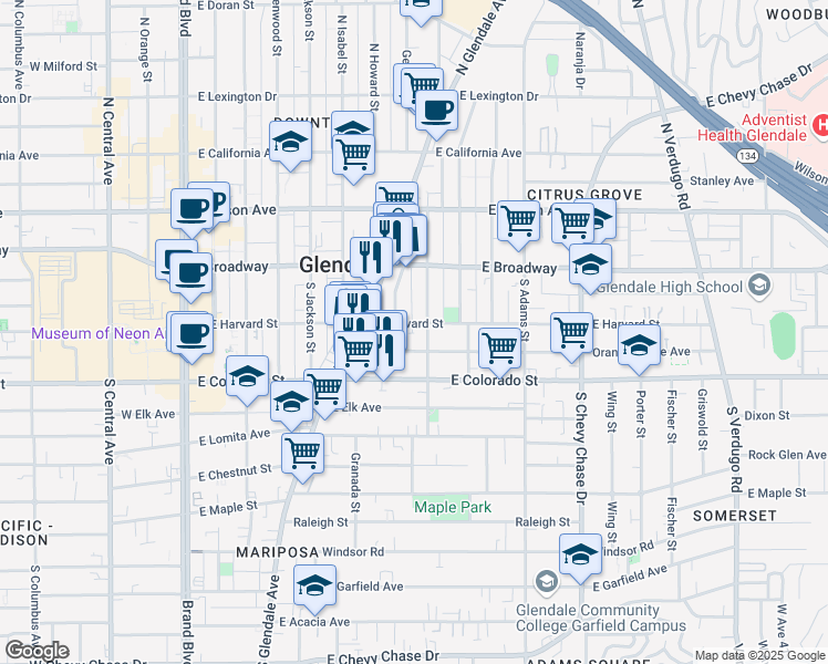 map of restaurants, bars, coffee shops, grocery stores, and more near 701 East Harvard Street in Glendale