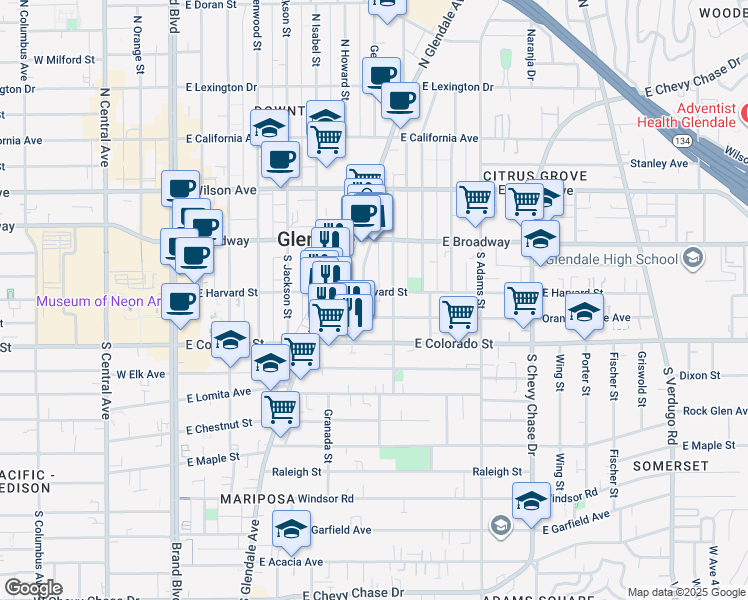 map of restaurants, bars, coffee shops, grocery stores, and more near 701 East Harvard Street in Glendale