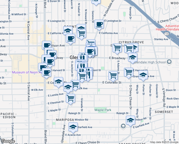 map of restaurants, bars, coffee shops, grocery stores, and more near 701 East Harvard Street in Glendale