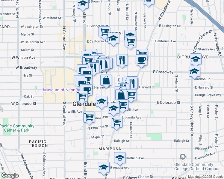 map of restaurants, bars, coffee shops, grocery stores, and more near 409 East Harvard Street in Glendale