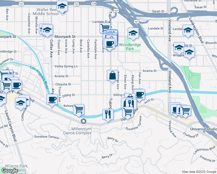 map of restaurants, bars, coffee shops, grocery stores, and more near 4170 Kraft Avenue in Los Angeles