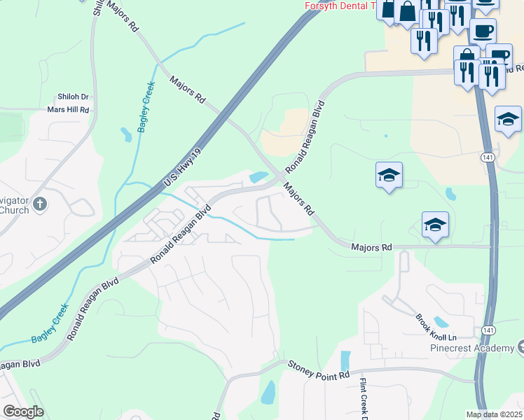 map of restaurants, bars, coffee shops, grocery stores, and more near 8360 Village School Drive in Cumming