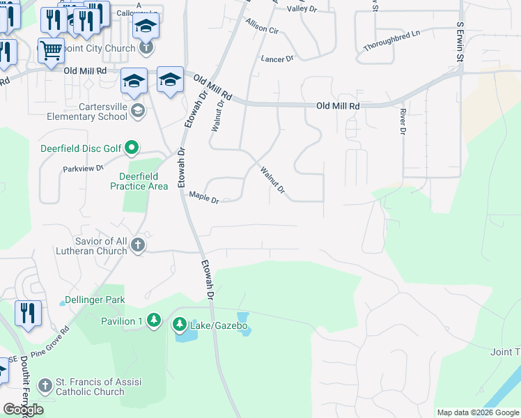 map of restaurants, bars, coffee shops, grocery stores, and more near 8 Red Oak Dr in Cartersville