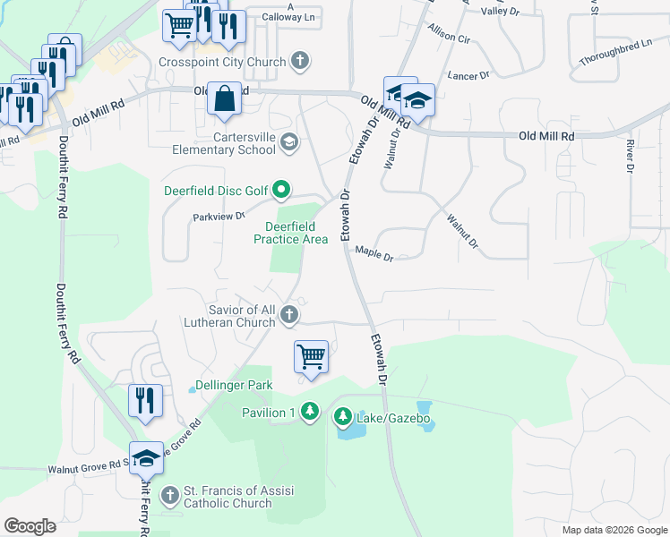 map of restaurants, bars, coffee shops, grocery stores, and more near 457 Etowah Drive in Cartersville