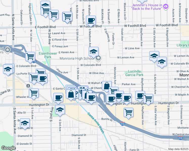 map of restaurants, bars, coffee shops, grocery stores, and more near 856 West Olive Avenue in Monrovia