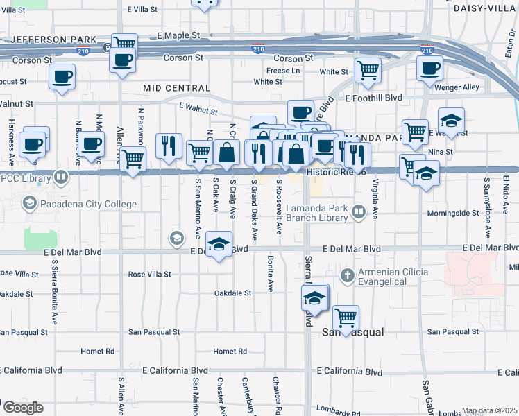 map of restaurants, bars, coffee shops, grocery stores, and more near 100 South Grand Oaks Avenue in Pasadena