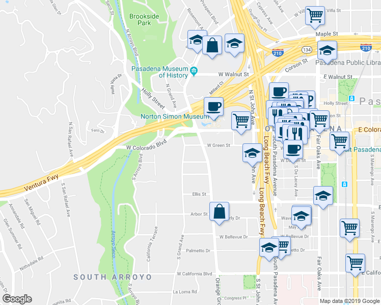 map of restaurants, bars, coffee shops, grocery stores, and more near 72 South Grand Avenue in Pasadena