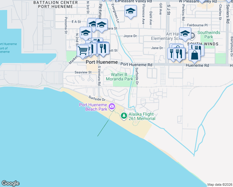 map of restaurants, bars, coffee shops, grocery stores, and more near 630 Island View Circle in Port Hueneme