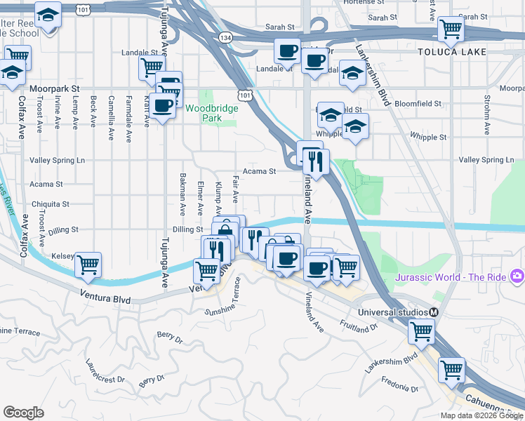 map of restaurants, bars, coffee shops, grocery stores, and more near 11138 Aqua Vista Street in Los Angeles