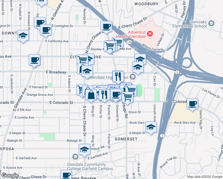 map of restaurants, bars, coffee shops, grocery stores, and more near 1344 East Harvard Street in Glendale