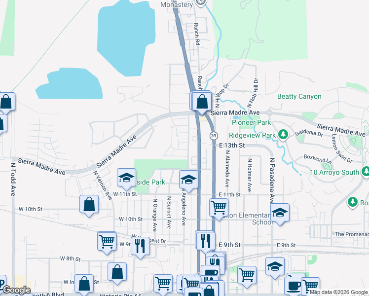map of restaurants, bars, coffee shops, grocery stores, and more near 325 Saint Andrews Lane in Azusa