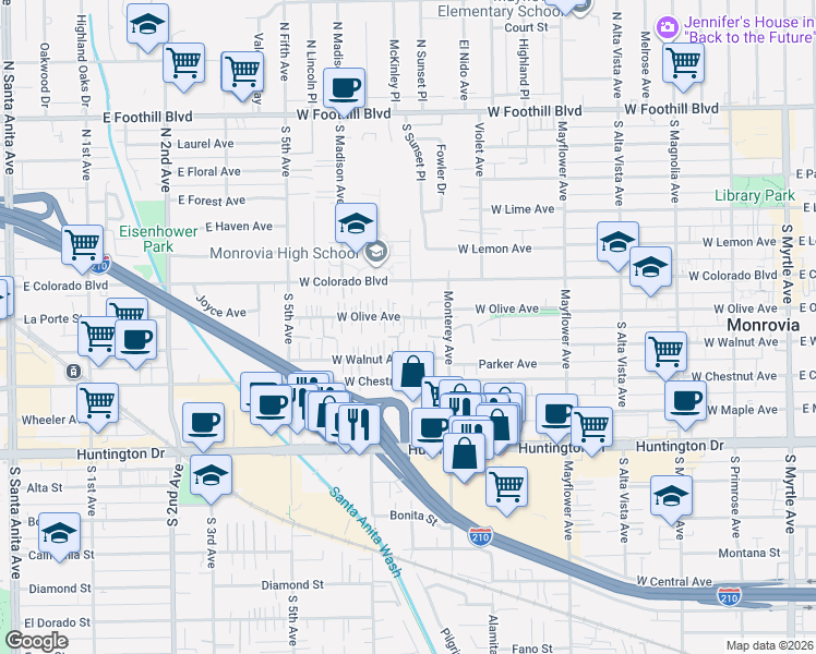 map of restaurants, bars, coffee shops, grocery stores, and more near 756 West Olive Avenue in Monrovia