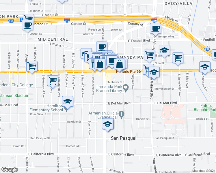 map of restaurants, bars, coffee shops, grocery stores, and more near 102 South Sierra Madre Boulevard in Pasadena