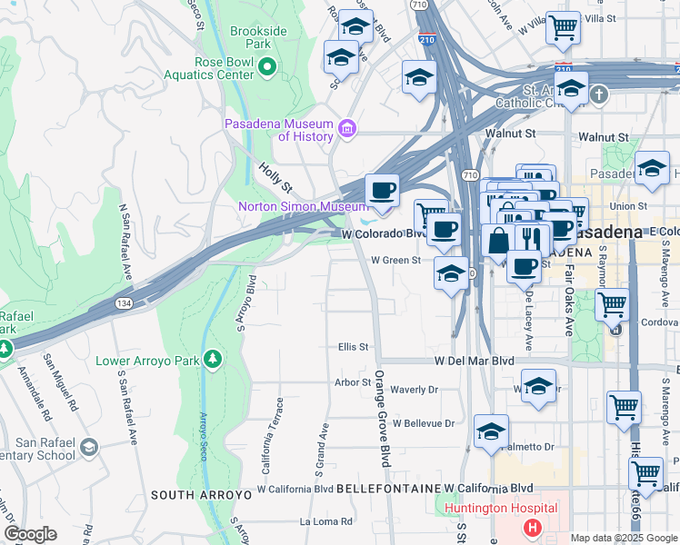 map of restaurants, bars, coffee shops, grocery stores, and more near 72 South Grand Avenue in Pasadena