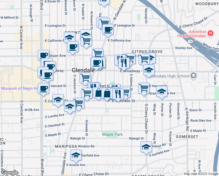 map of restaurants, bars, coffee shops, grocery stores, and more near 808 East Harvard Street in Glendale