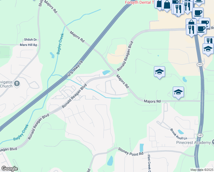 map of restaurants, bars, coffee shops, grocery stores, and more near 8360 Village School Drive in Cumming