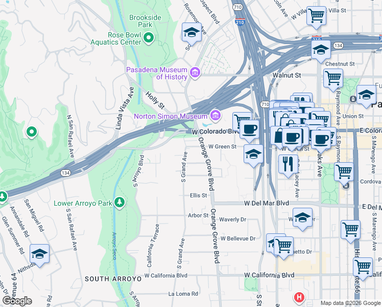 map of restaurants, bars, coffee shops, grocery stores, and more near in Pasadena
