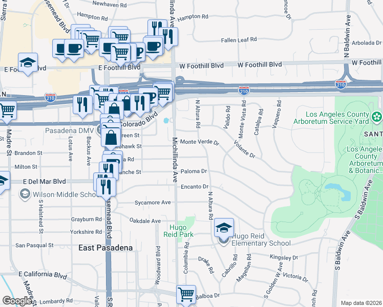 map of restaurants, bars, coffee shops, grocery stores, and more near 1129 La Rosa Road in Arcadia