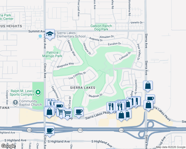 map of restaurants, bars, coffee shops, grocery stores, and more near 6032 Mira Vista Lane in Fontana