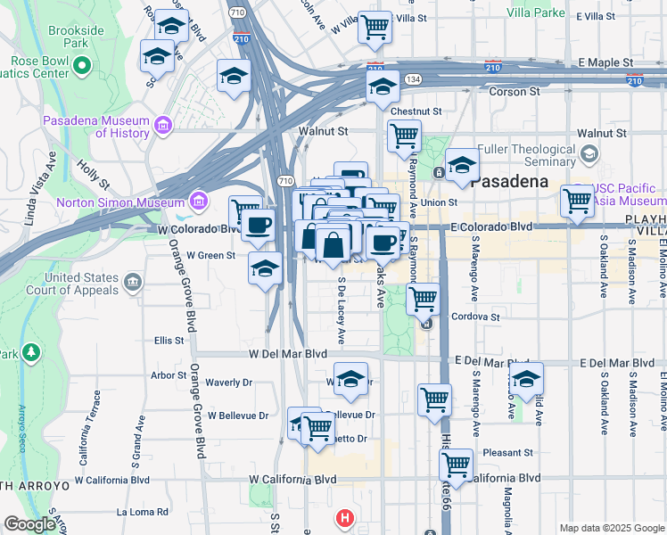 map of restaurants, bars, coffee shops, grocery stores, and more near 111 South De Lacey Avenue in Pasadena