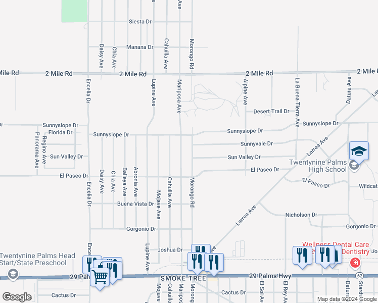 map of restaurants, bars, coffee shops, grocery stores, and more near 5998 Morongo Road in Twentynine Palms