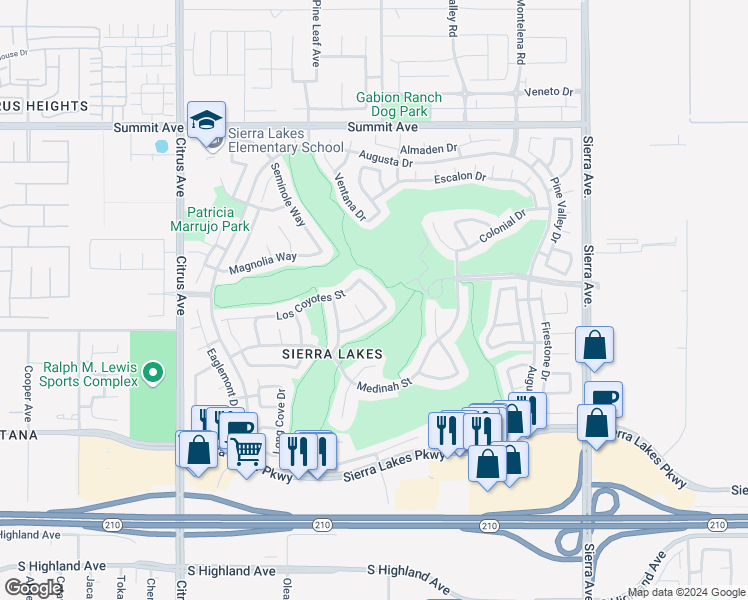 map of restaurants, bars, coffee shops, grocery stores, and more near 6032 Mira Vista Lane in Fontana