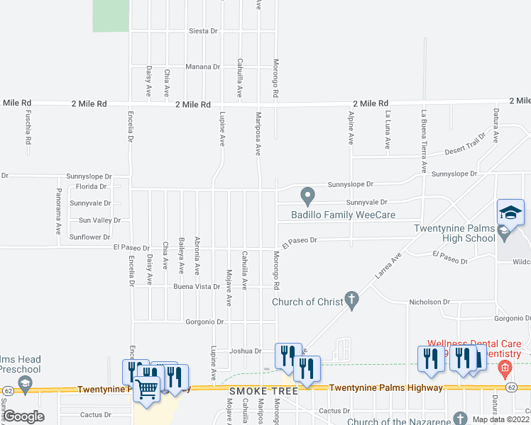 map of restaurants, bars, coffee shops, grocery stores, and more near 5985 Morongo Road in Twentynine Palms