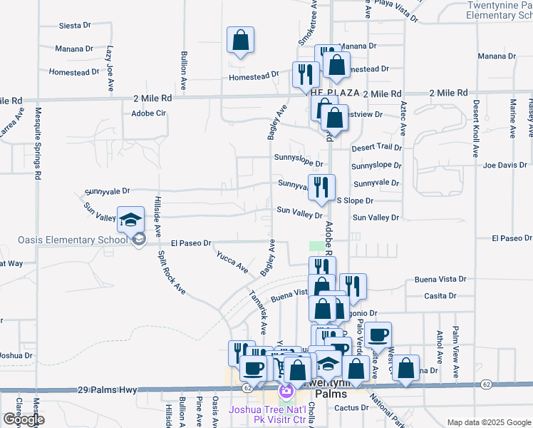 map of restaurants, bars, coffee shops, grocery stores, and more near 6038 Bagley Avenue in Twentynine Palms