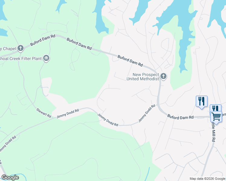 map of restaurants, bars, coffee shops, grocery stores, and more near 6195 Ambercrest Court in Buford