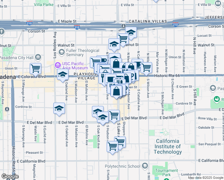 map of restaurants, bars, coffee shops, grocery stores, and more near 840 East Green Street in Pasadena