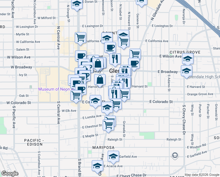 map of restaurants, bars, coffee shops, grocery stores, and more near 420 East Harvard Street in Glendale
