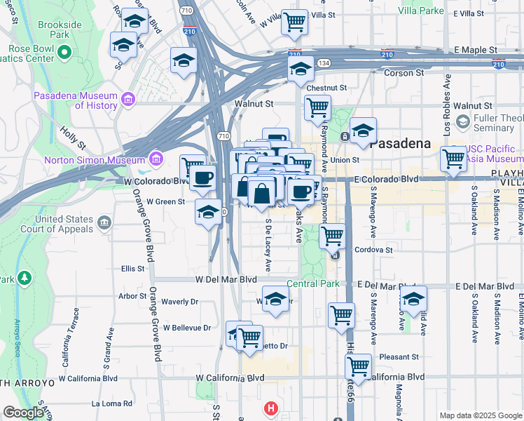 map of restaurants, bars, coffee shops, grocery stores, and more near 141 West Green Street in Pasadena
