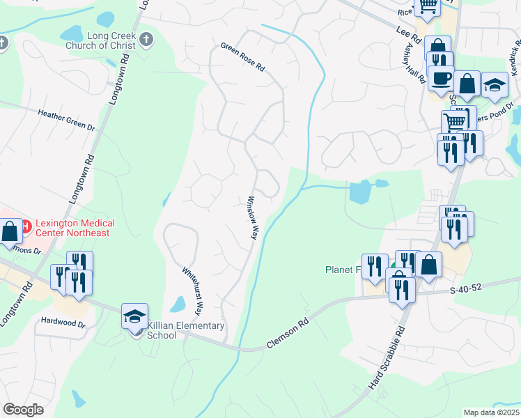 map of restaurants, bars, coffee shops, grocery stores, and more near 110 Moss Field Road in Columbia