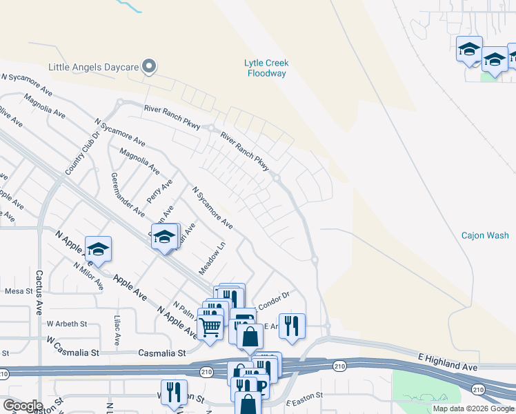 map of restaurants, bars, coffee shops, grocery stores, and more near 2423 North Sycamore Avenue in Rialto