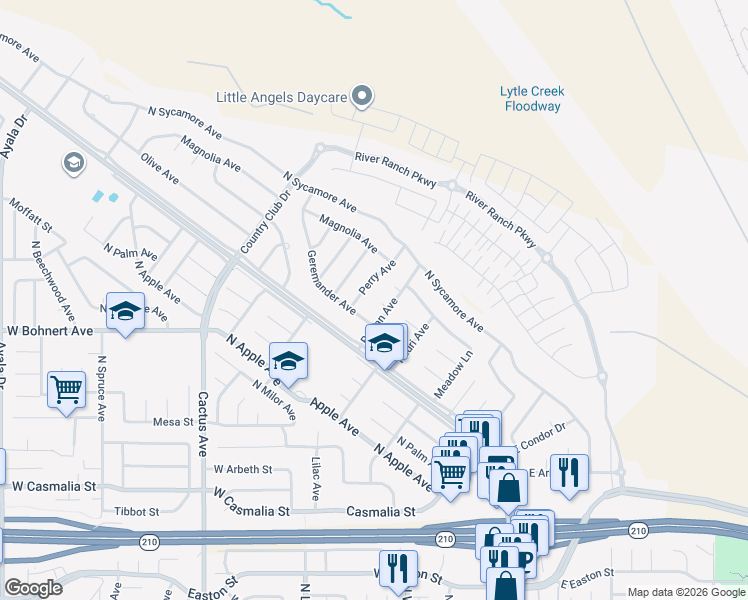 map of restaurants, bars, coffee shops, grocery stores, and more near 19607 Perry Avenue in Rialto