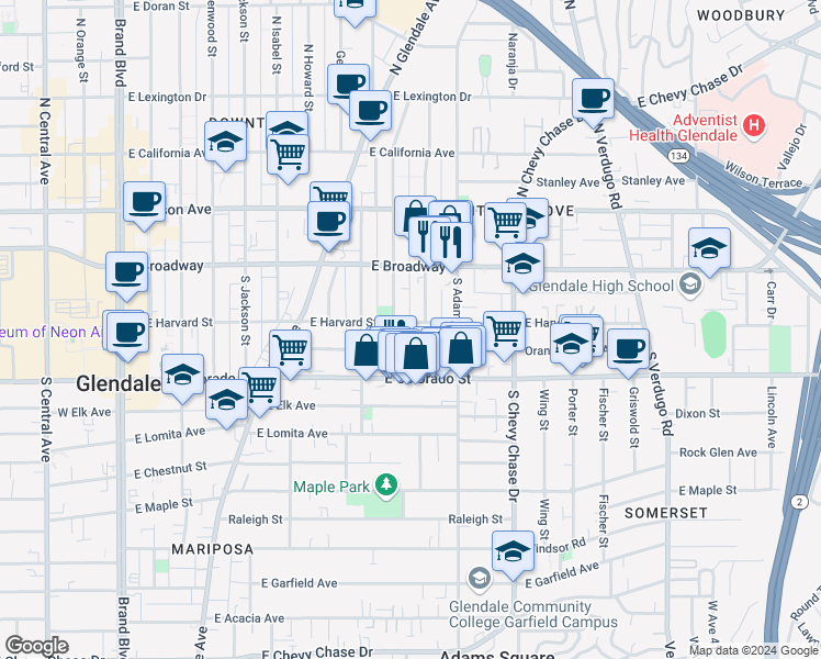 map of restaurants, bars, coffee shops, grocery stores, and more near 906 East Harvard Street in Glendale