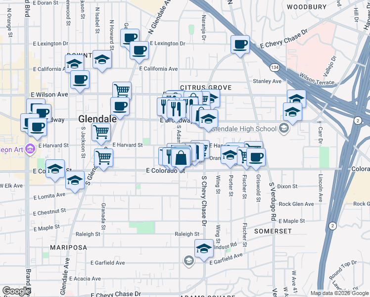 map of restaurants, bars, coffee shops, grocery stores, and more near 1108 East Harvard Street in Glendale