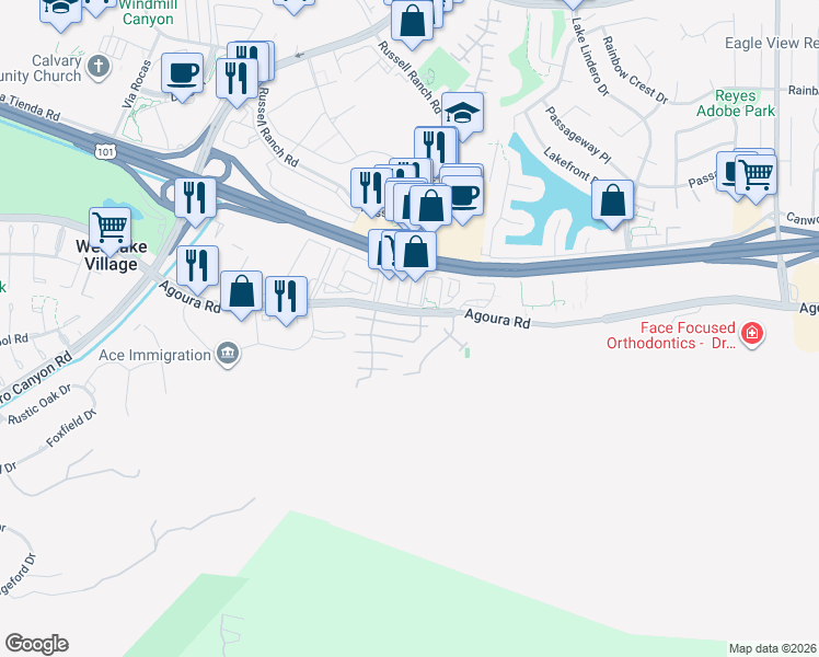 map of restaurants, bars, coffee shops, grocery stores, and more near 30956 Minute Man Way in Westlake Village