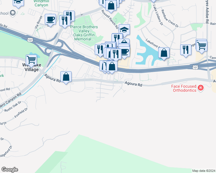 map of restaurants, bars, coffee shops, grocery stores, and more near 30966 Minute Man Way in Westlake Village