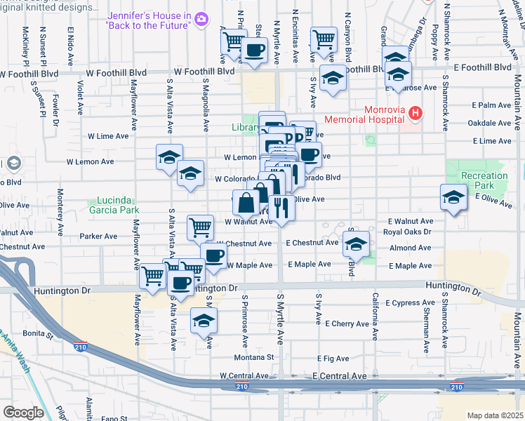 map of restaurants, bars, coffee shops, grocery stores, and more near 2548 Peck Road in Monrovia
